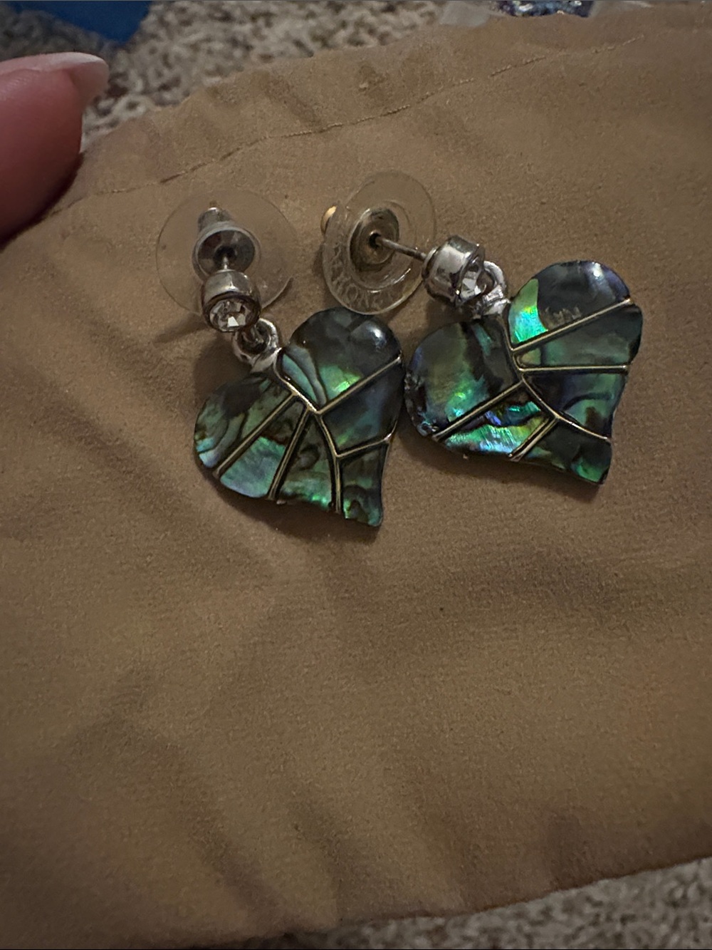 Abalone Heart Drop Earrings - Iridescent Green Black
